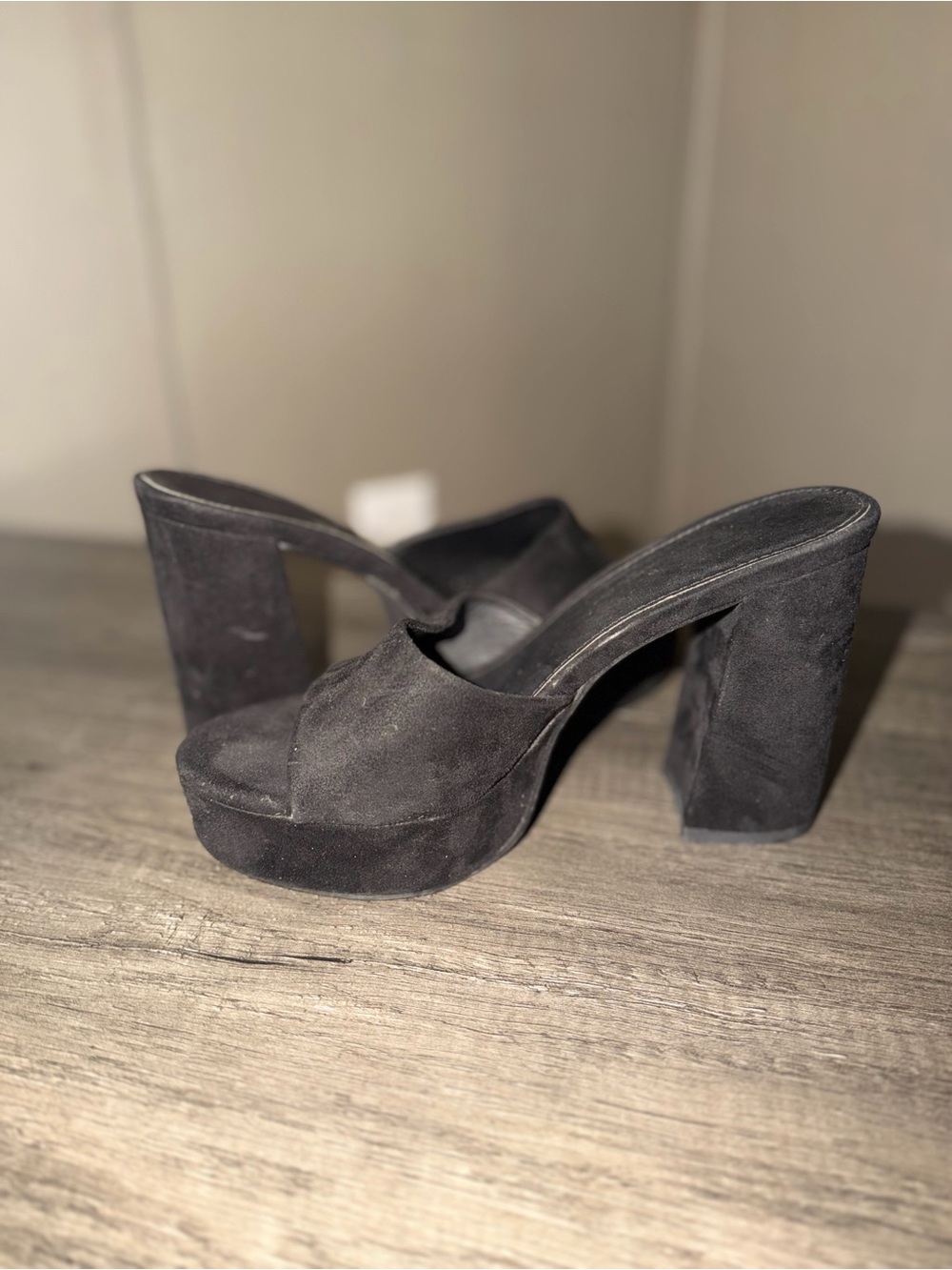 Black Suede Platform Mule Heels